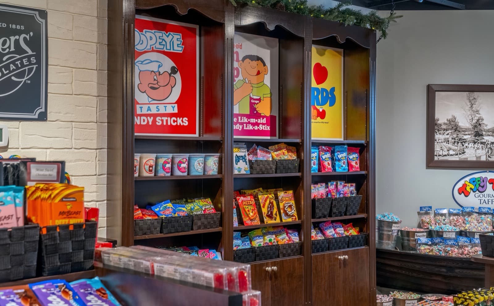 Shelves of retro candy and hot sticks
