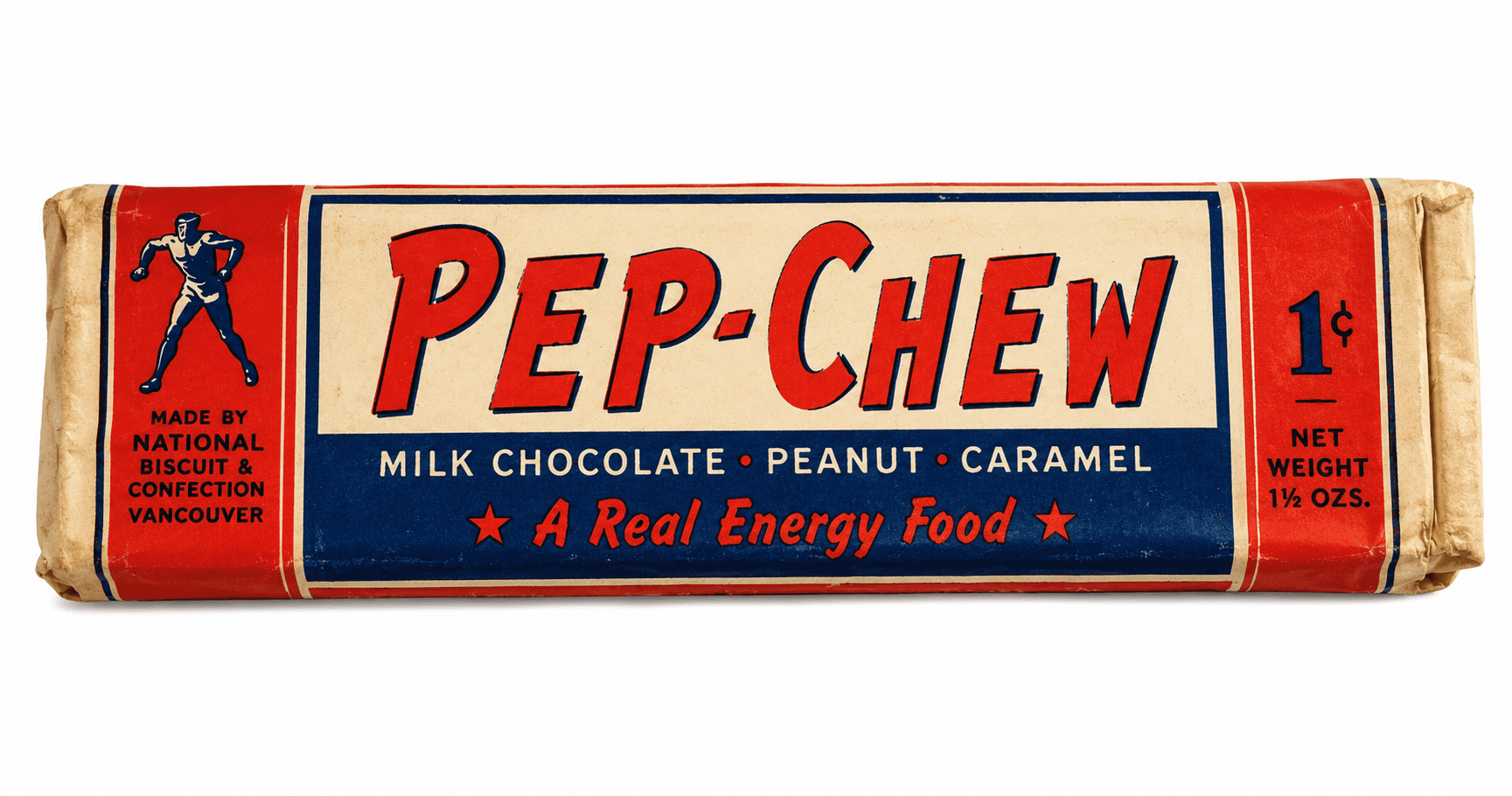 Pep-Chew — milk chocolate, peanut and caramel bar by National Biscuit & Confection, Vancouver