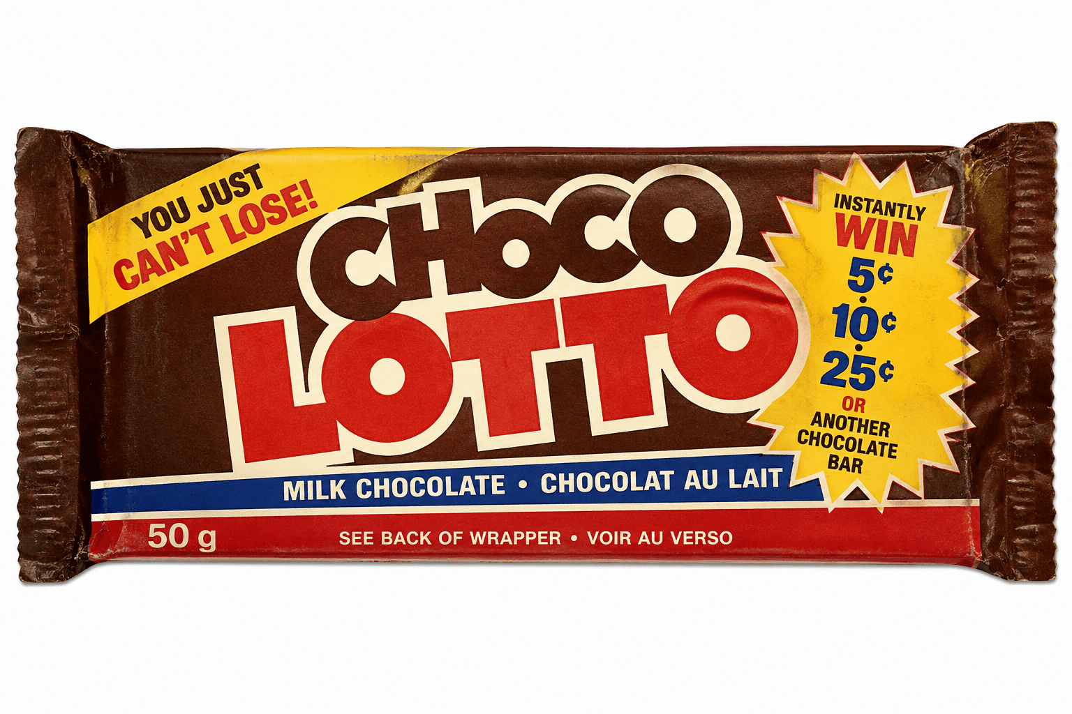 Choco Lotto milk chocolate bar — instantly win 5, 10 or 25 cents