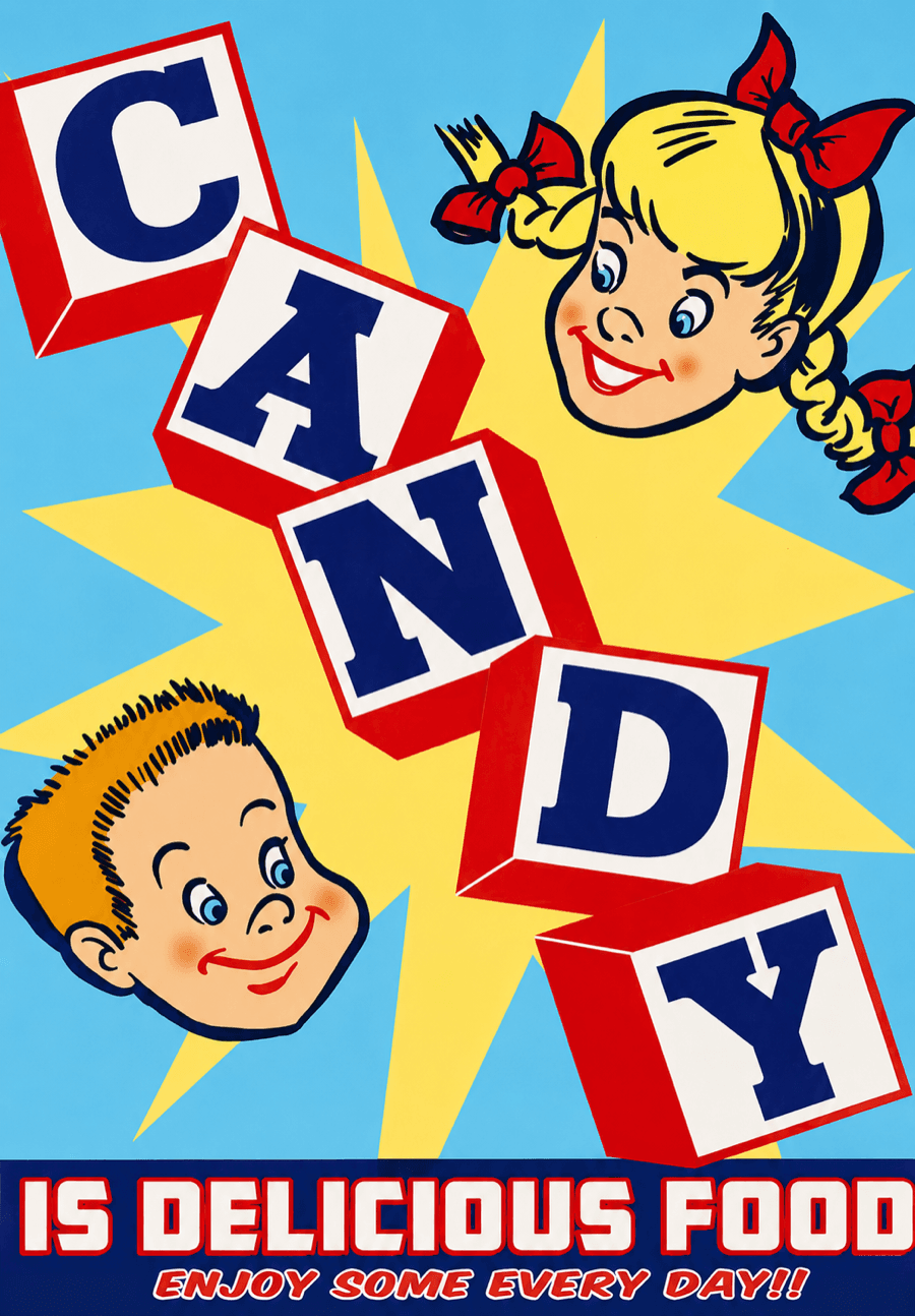 Retro poster: Candy is delicious food — enjoy some every day